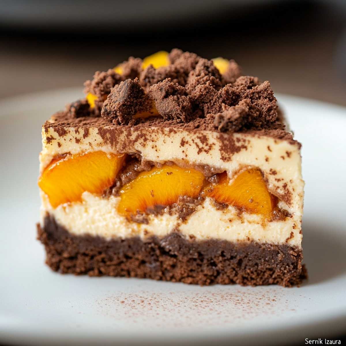 Sernik Izaura z brzoskwiniami i kakaową kruszonką