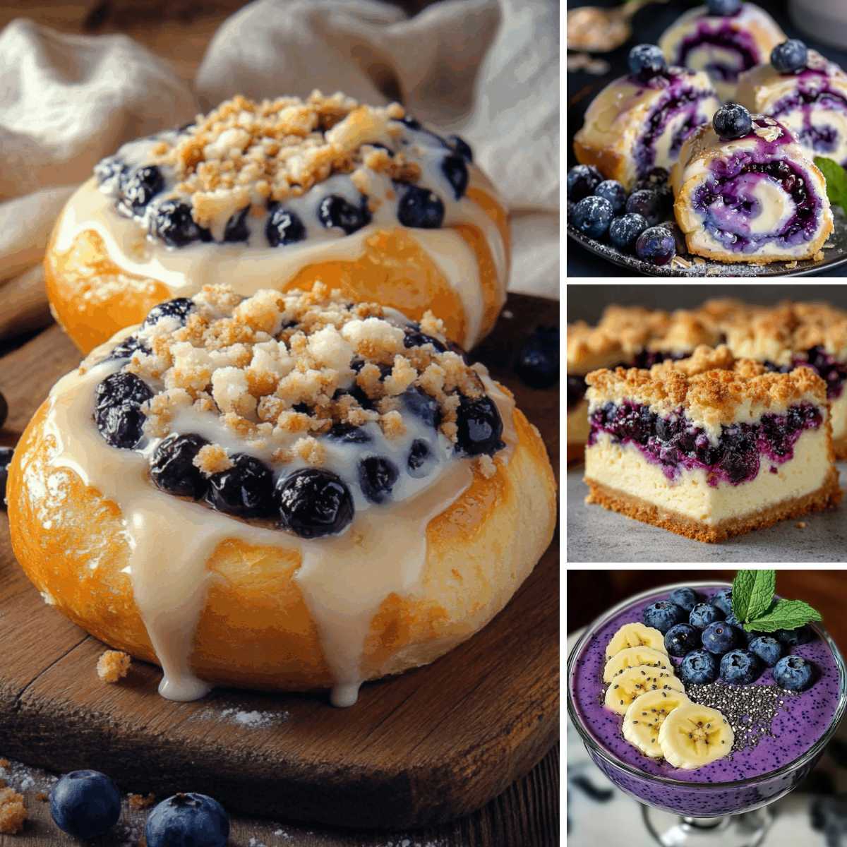 Domowy deser z jagodami – kruche ciasto z owocami i kruszonką, podany na białym talerzu, udekorowany świeżymi jagodami.