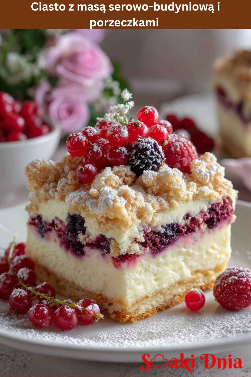 Ciasto z masą serowo-budyniową i porzeczkami