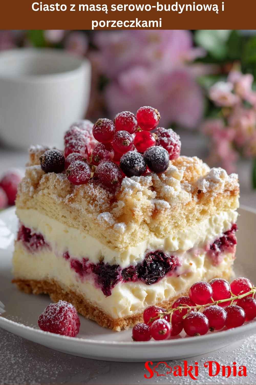 Ciasto z masą serowo-budyniową i porzeczkami