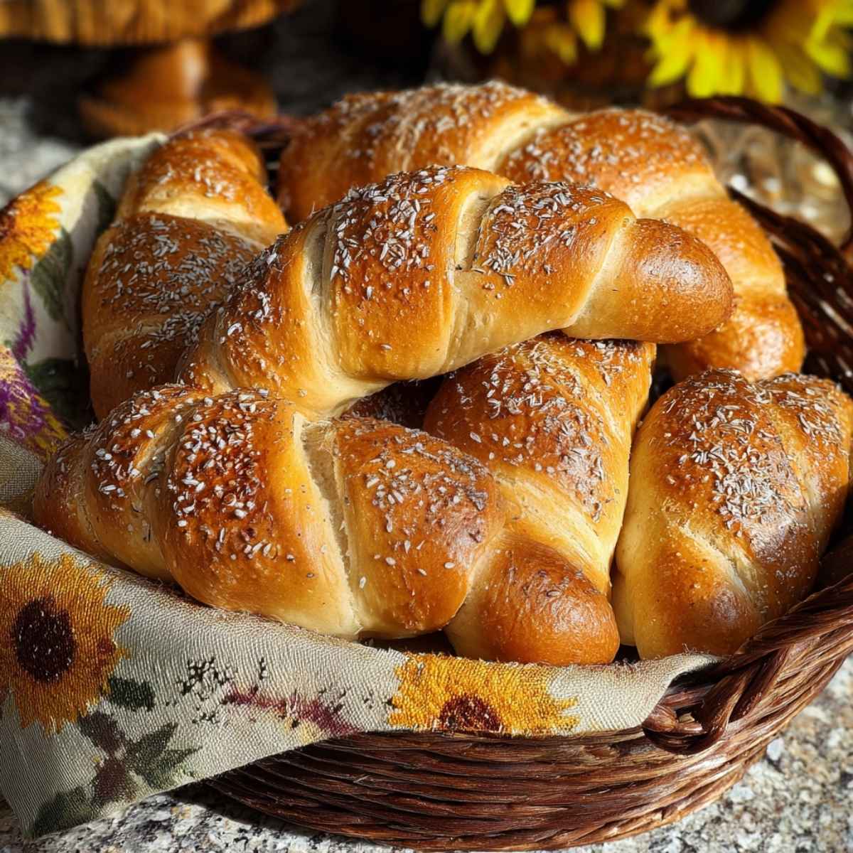 Domowe rogaliki po węgiersku z mięsnym farszem gulaszowym, świeżo upieczone na talerzu