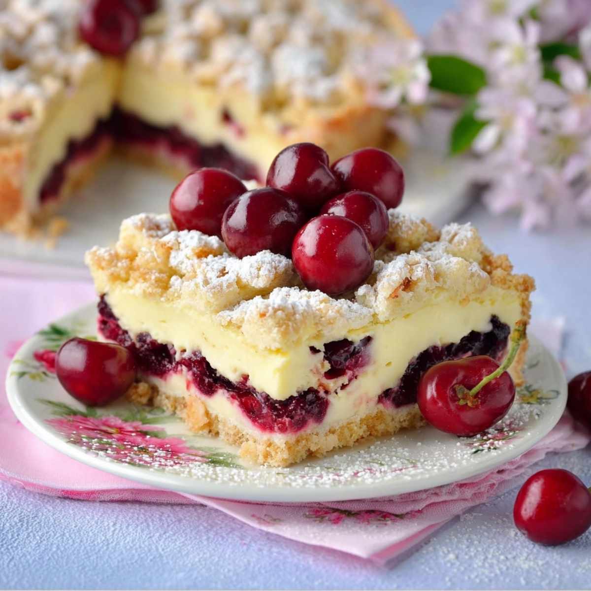 Kruche ciasto z budyniem i czereśniami 1 Kruche ciasto z budyniem i czereśniami