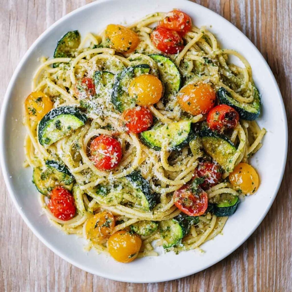 Makaron z warzywami i pesto