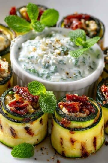 Roladki z cukinii z fetą i miętowym dipem jogurtowym