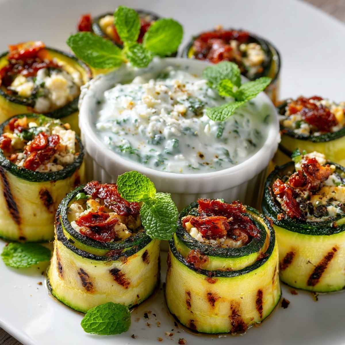 Roladki z cukinii z fetą i miętowym dipem jogurtowym