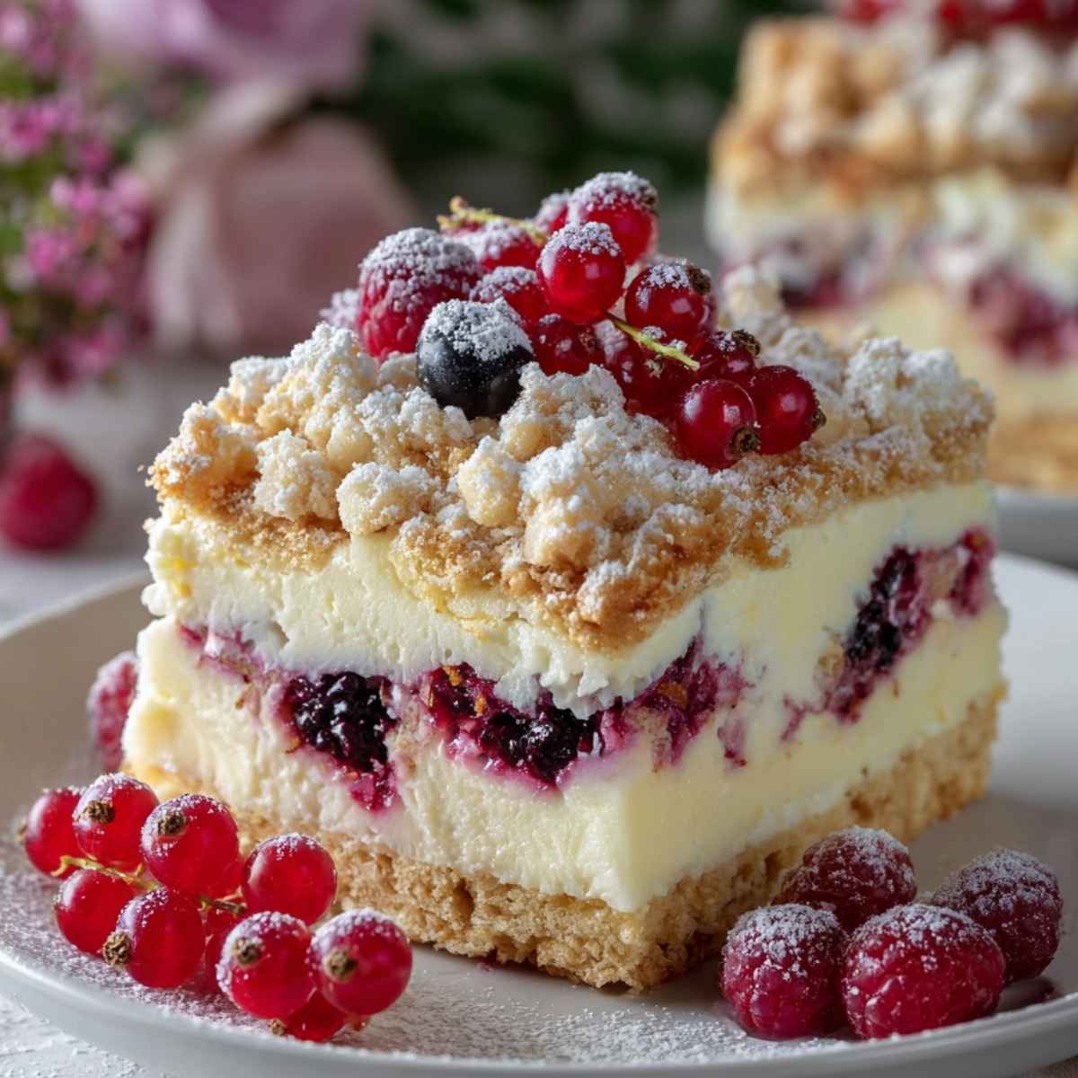 Ciasto z masą serowo-budyniową i porzeczkami