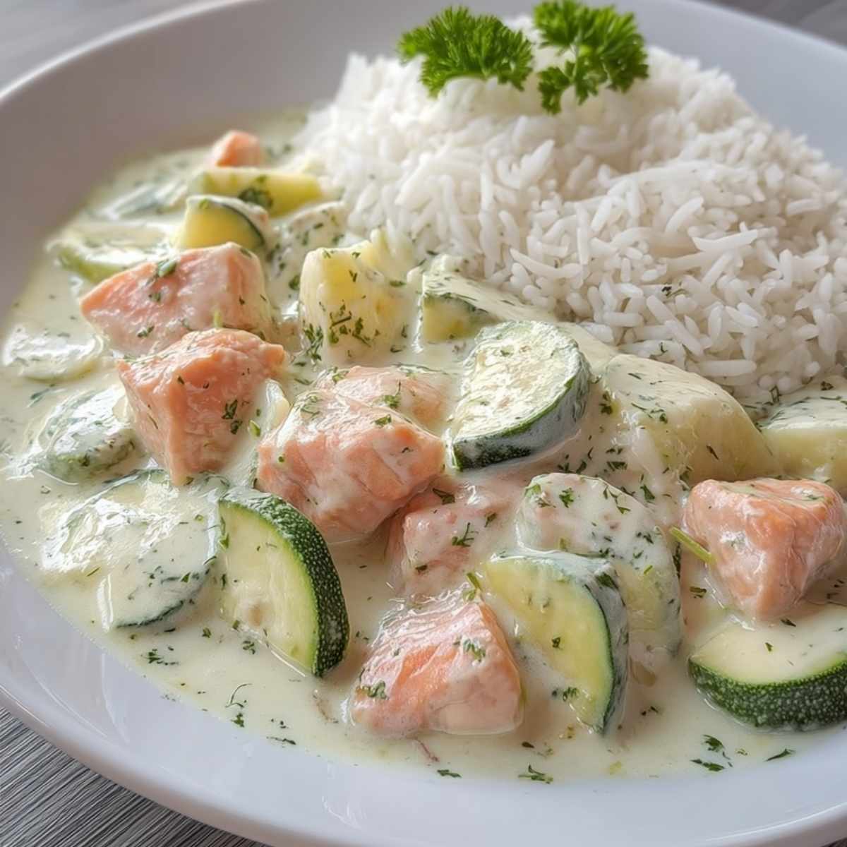 Łosoś w sosie koperkowym z cukinią