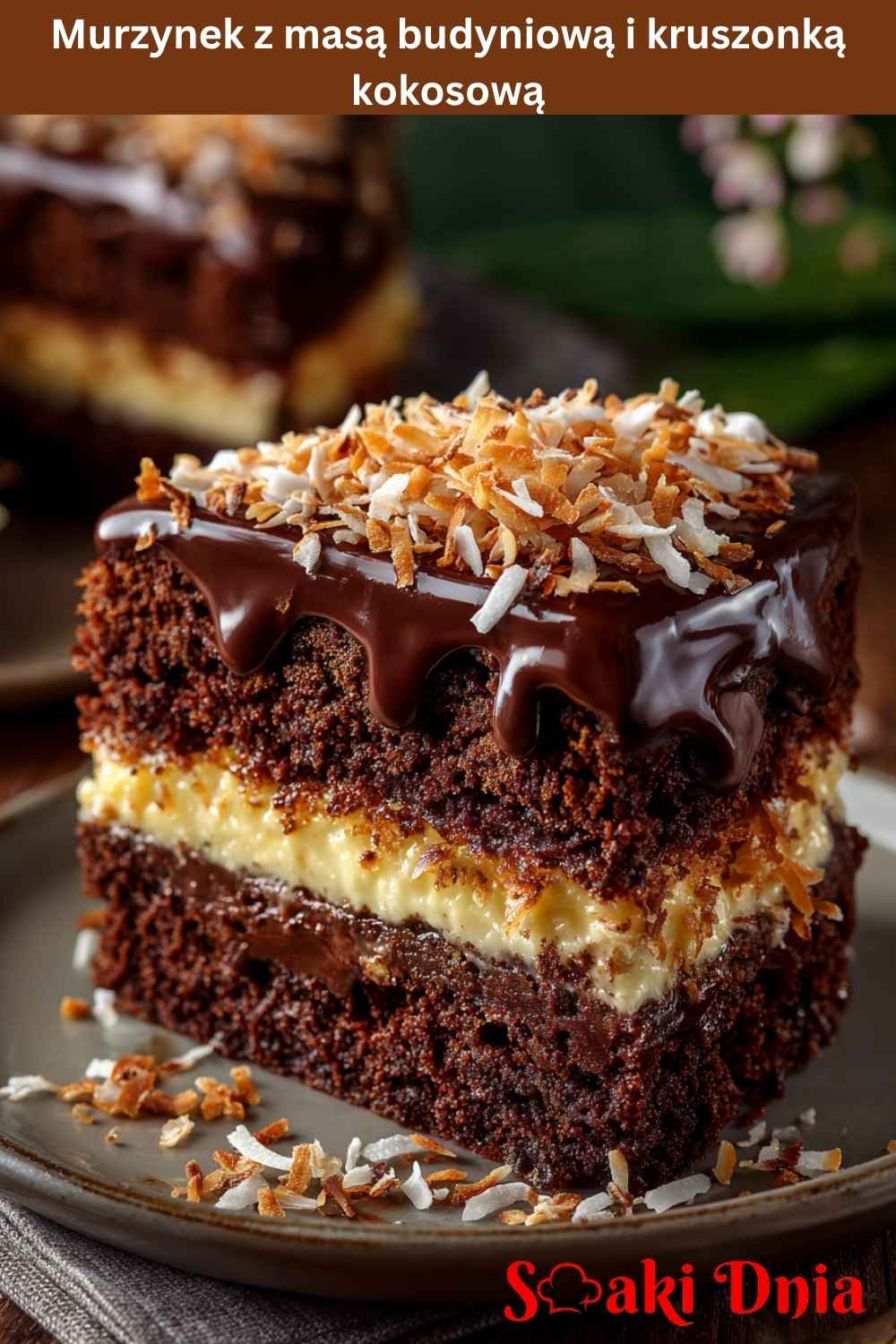 Murzynek z masą budyniową i kruszonką kokosową