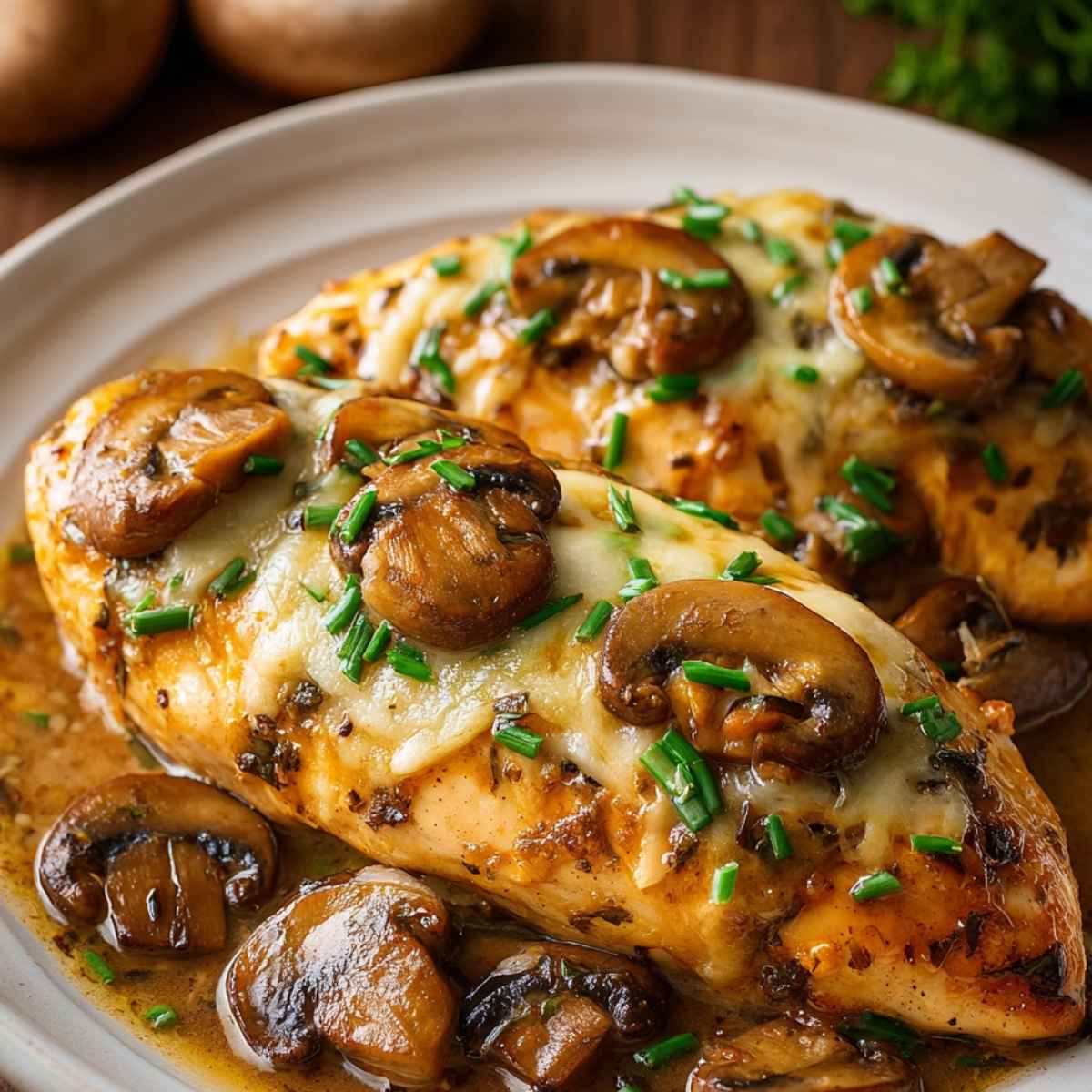 Pierś z kurczaka zapiekana z pieczarkami i serem