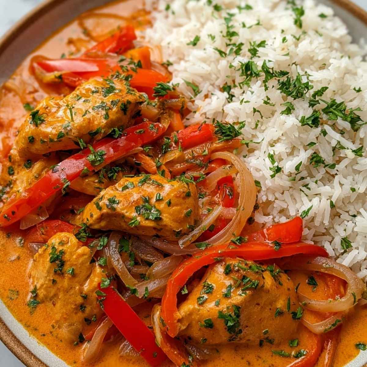 Kurczak w kremowym sosie paprykowym z ryżem
