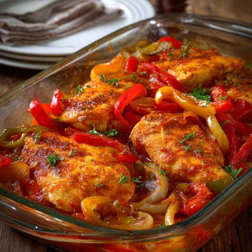 Kurczak w sosie pomidorowym z cebulą i papryką