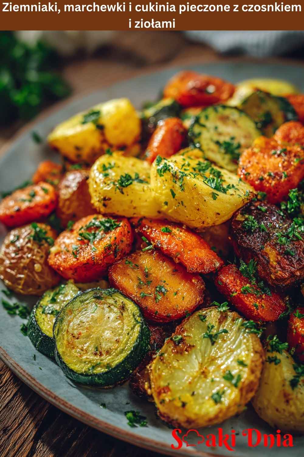 Ziemniaki, marchewki i cukinia pieczone z czosnkiem i ziołami