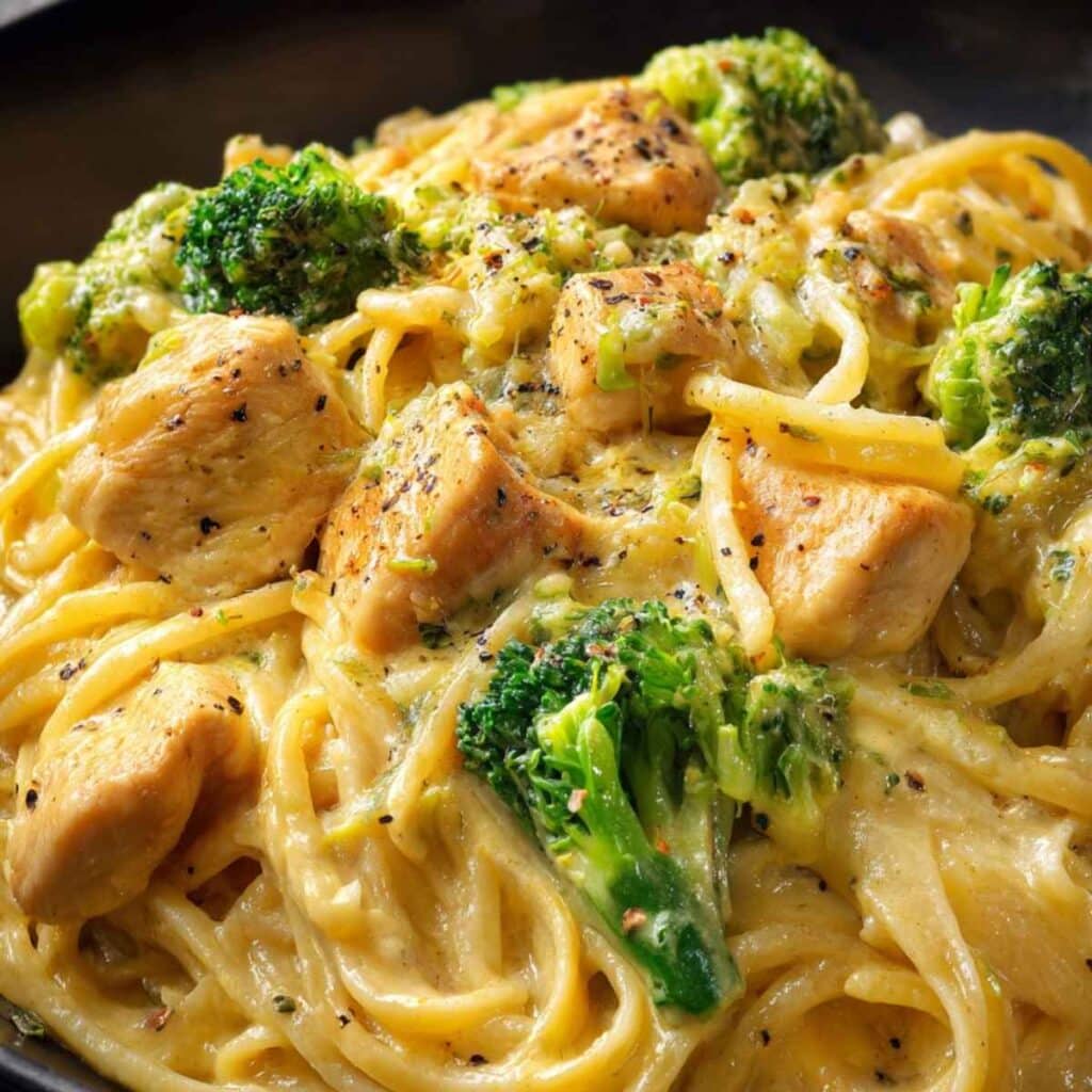 25 Pomysłów na Obiad z Kurczakiem – Szybko, Prosto i Pysznie 8 Spaghetti w sosie serowo-śmietanowym z kurczakiem i brokułem