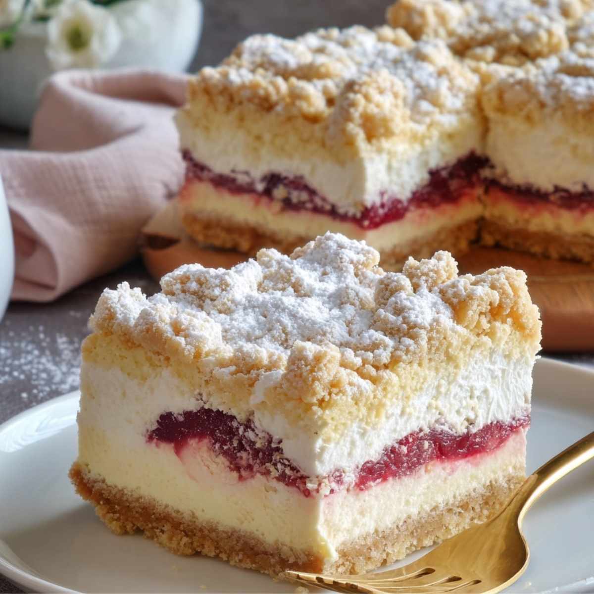 Ciasto ze śliwkami i kruszonką na puszystej masie serowej