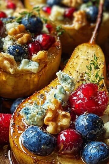 Pieczone gruszki z miodem, orzechami i owocami