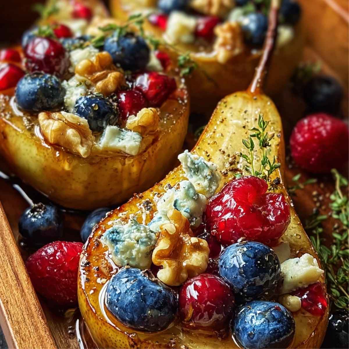 Pieczone gruszki z miodem, orzechami i owocami