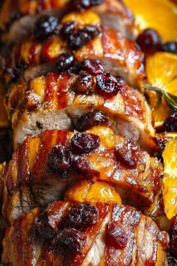 Schab pieczony w boczku z pomarańczami, żurawiną i śliwkami