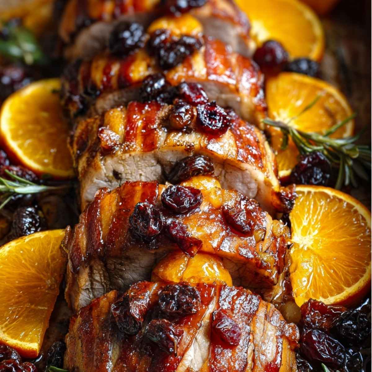 Schab pieczony w boczku z pomarańczami, żurawiną i śliwkami