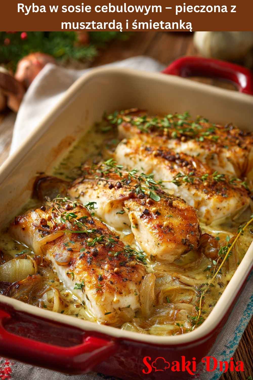 Ryba w sosie cebulowym – pieczona z musztardą i śmietanką