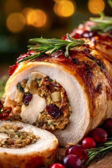 Pieczona rolada z indyka z jabłkiem i żurawiną