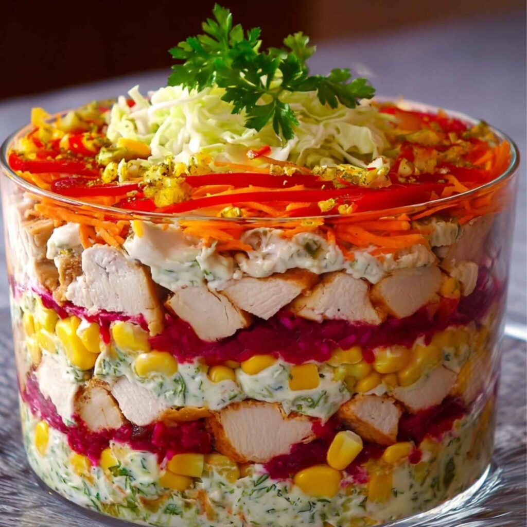 18 Sałatek na Wielkanoc, Które Znikną ze Stołu jako Pierwsze 18 Warstwowa sałatka z kurczakiem – efektowna i sycąca