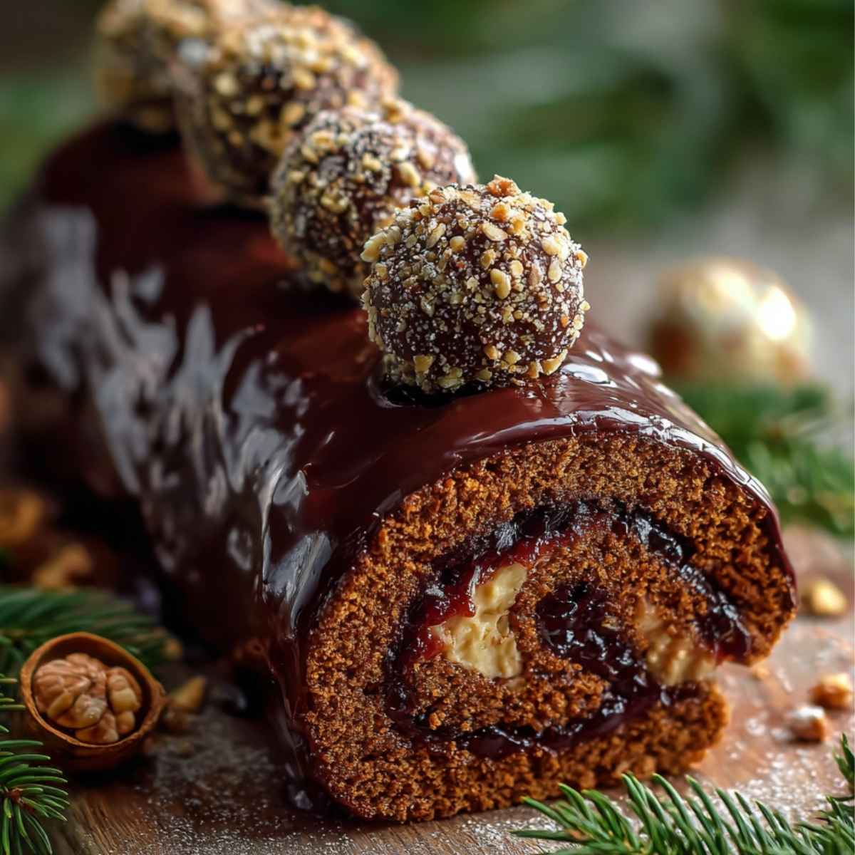 Piernikowa rolada z powidłami i masą orzechową w czekoladzie