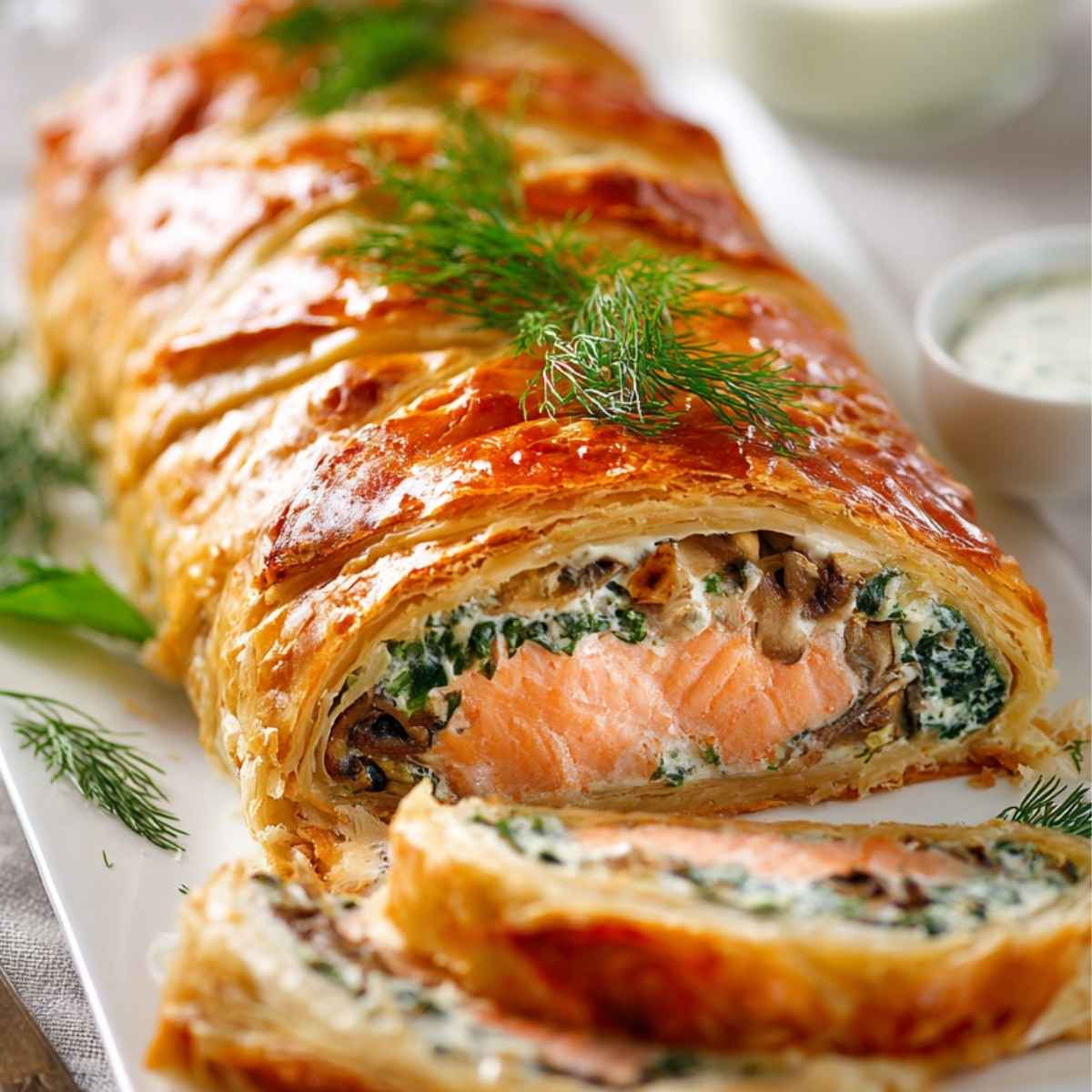 Łosoś w cieście francuskim ze szpinakiem i pieczarkami