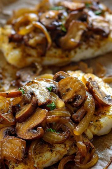 Ryba z pieczarkami i cebulą