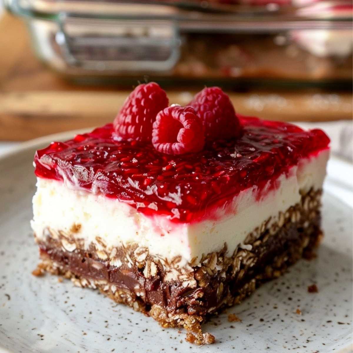 Ciasto jogurtowo‑serowe z malinową galaretką i warstwą czekolady (bez pieczenia)