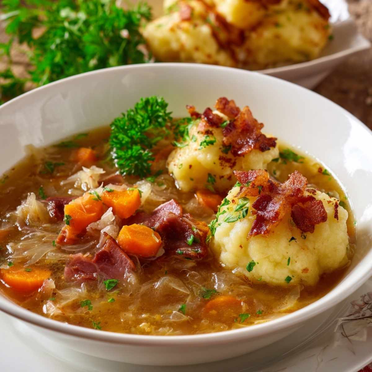 Kapuśniak na wędzonce z ziemniaczkami z boczkiem