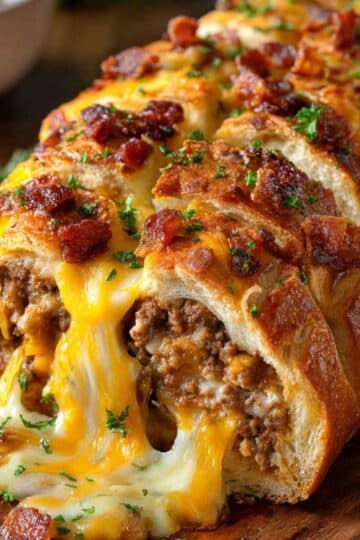 Faszerowany chleb z mięsem mielonym, boczkiem i serem – idealny na imprezę