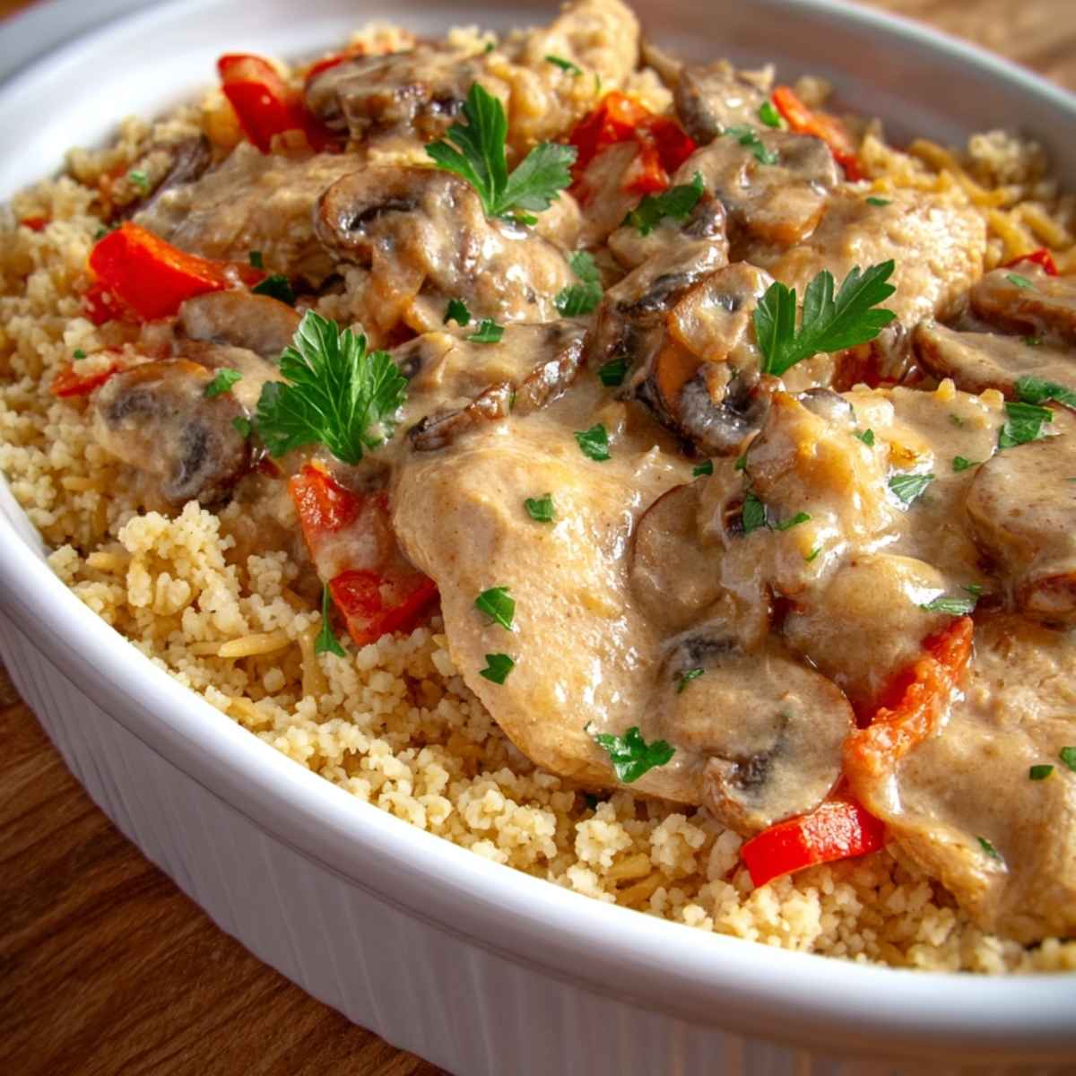 Bulgur z kurczakiem i pieczarkami w kremowym sosie