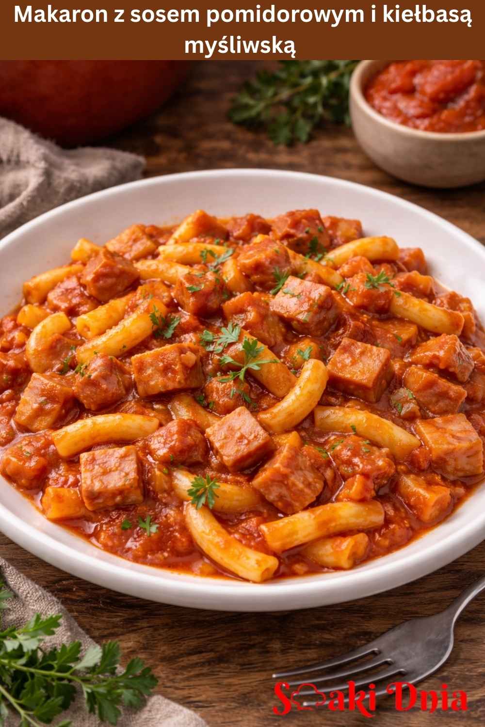 makaron z sosem pomidorowym i kiełbasą myśliwską