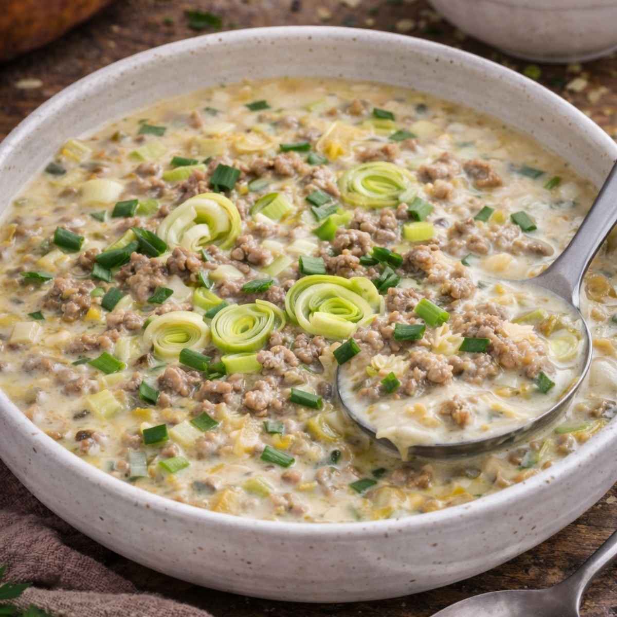 Zupa serowo-porowa z mięsem mielonym – pyszna i kremowa
