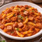 Makaron z sosem pomidorowym i kiełbasą myśliwską – szybki obiad