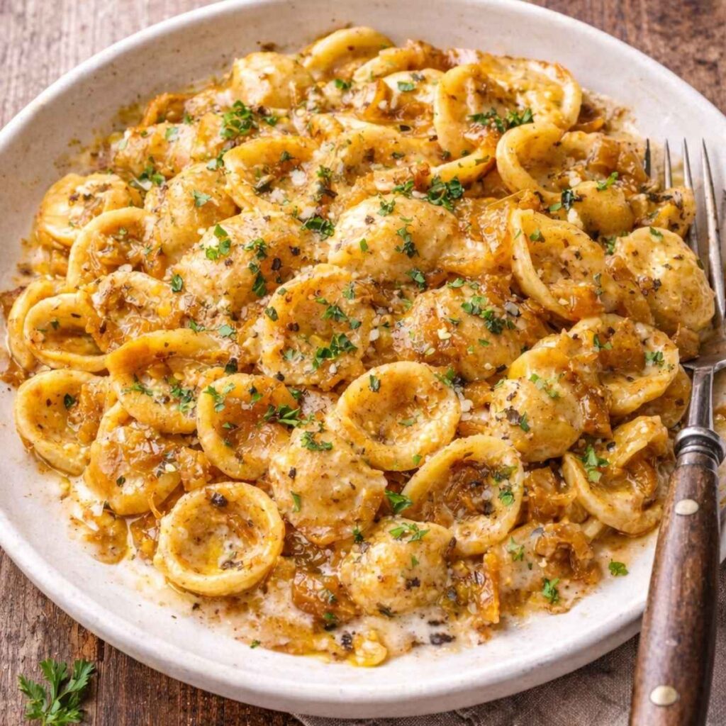 Makaron z karmelizowaną cebulą w kremowym sosie