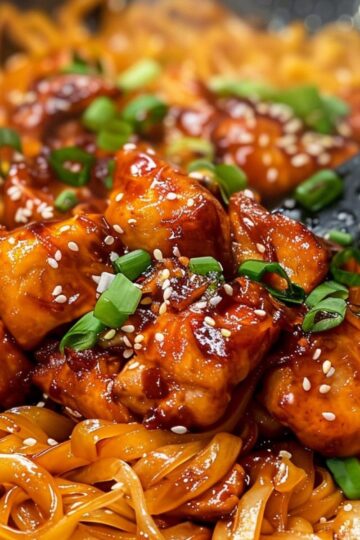 Makaron stir-fry z kurczakiem w sosie słodko-sojowym