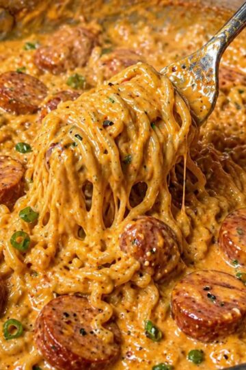 Kremowy makaron ramen z kiełbasą