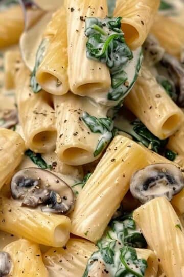 Rigatoni ze szpinakiem i pieczarkami – kremowy makaron 13 Rigatoni w kremowym sosie ze szpinakiem i pieczarkami