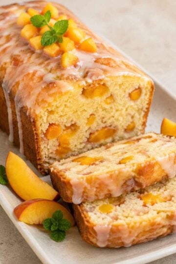 Wilgotna babka z brzoskwiniami i lukrem