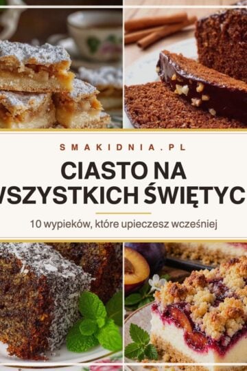 Ciasto na Wszystkich Świętych – kolaż czterech wypieków: szarlotka, piernik, makowiec i sernikowe kostki ze śliwkami