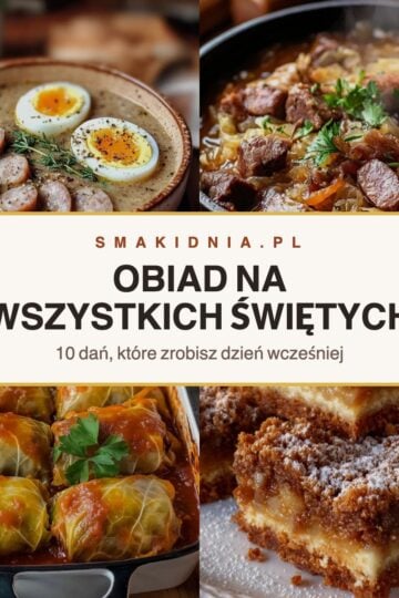 Obiad na Wszystkich Świętych – kolaż czterech dań: żurek, bigos, gołąbki i szarlotka